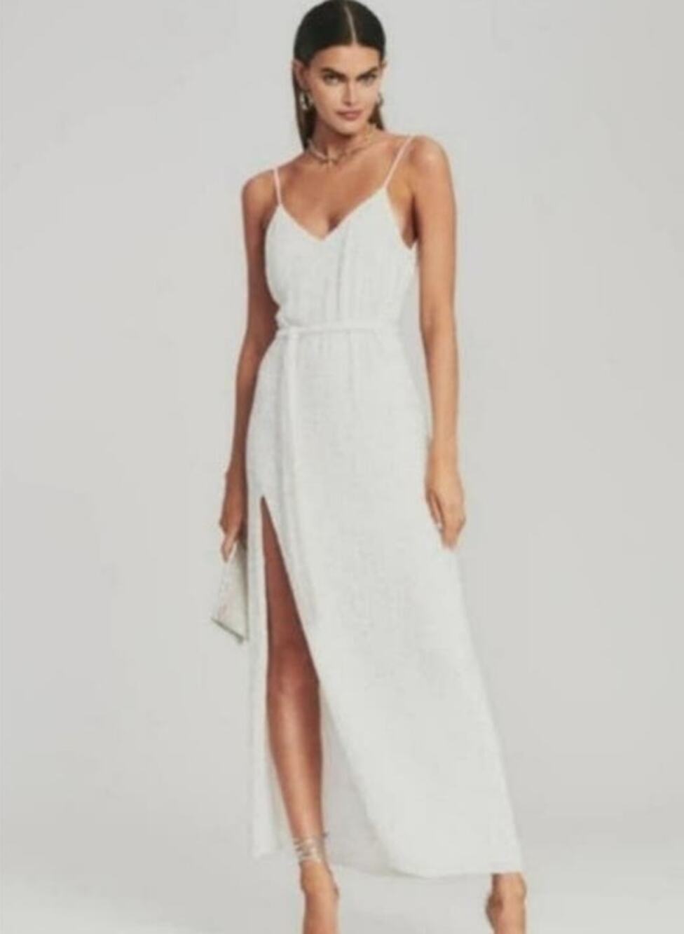 Retrofete Rebecca Sequin Maxi Dress in White Size Small Sleeveless Belt NWT